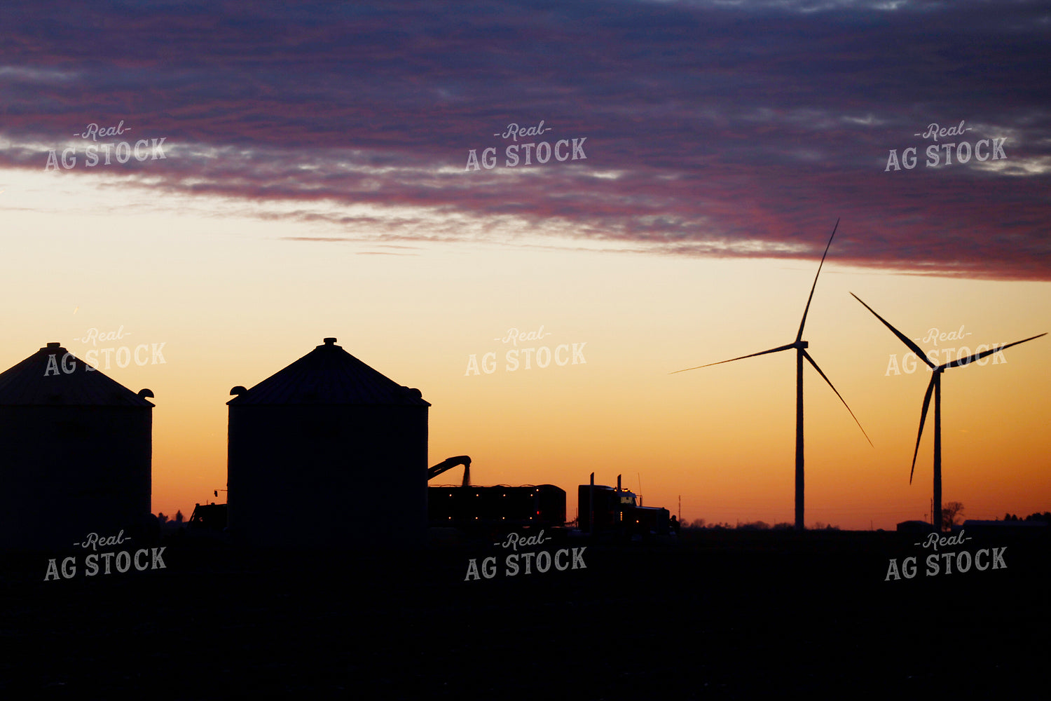 Silhouette of Truck Loading Grain from Bins at Sunset 129110