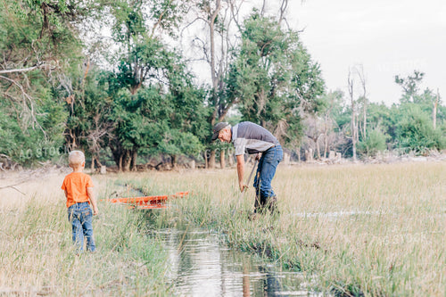 Farm Kid and Farmer with Ditch Irrigation 61033