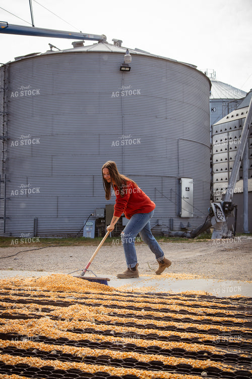 Female Farmer Sweeping Corn into Grain Pit 268106