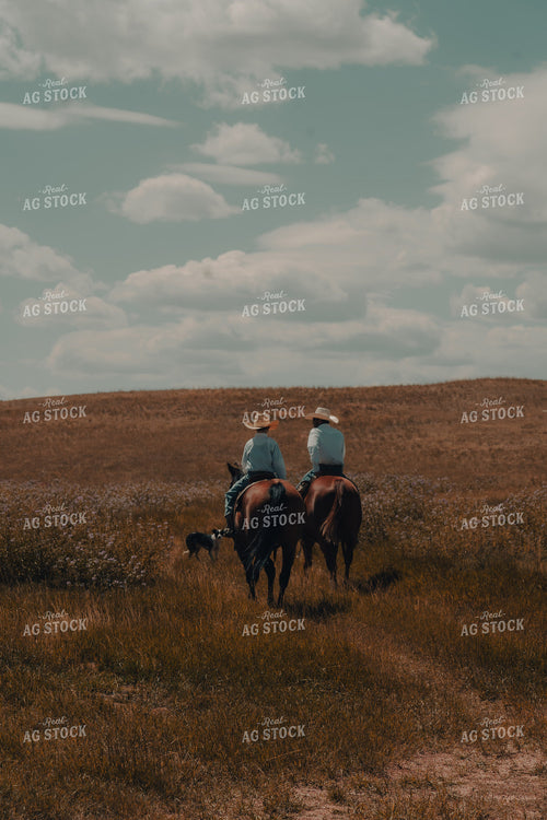Father Son on Horseback with Ranch Dog 58185