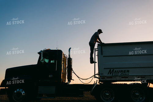Farmer Climbing on Semi Trailer 8649