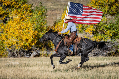 Cowgirl on Horseback with Flag 290021