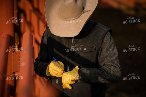 Rancher in Cowboy Hat Writing Notes Near Red Corral Gate 404005