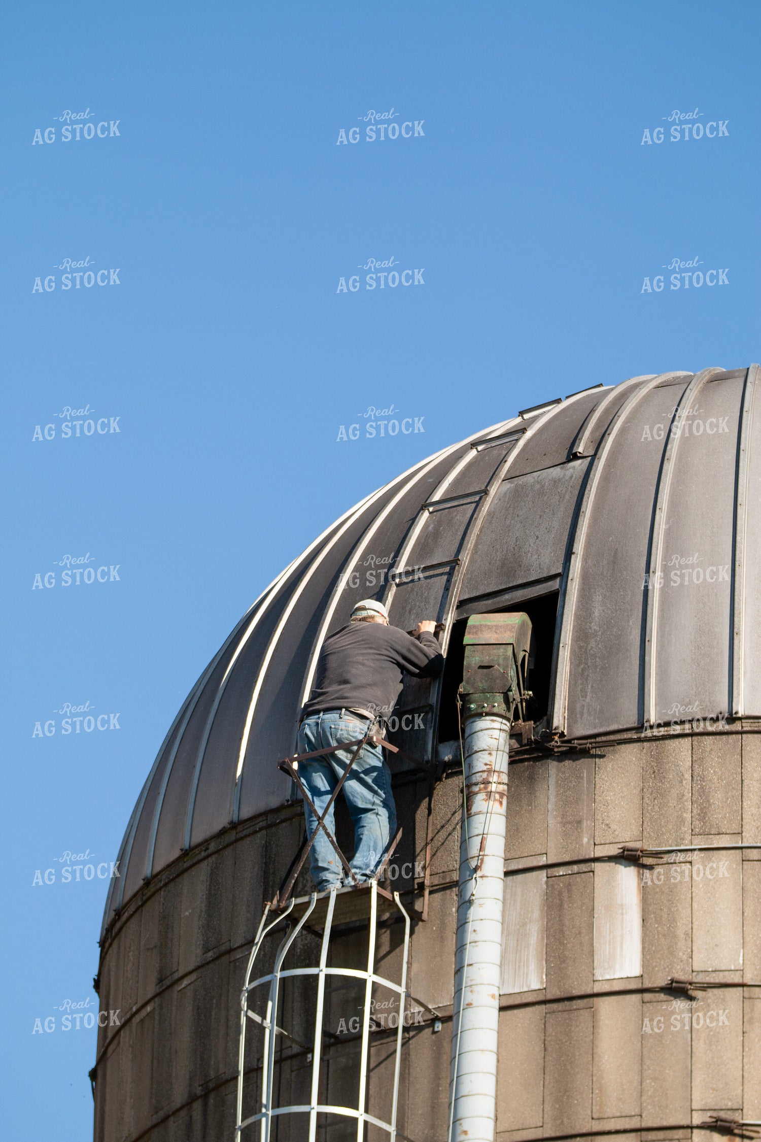 Farmer Climbing Silo 157239