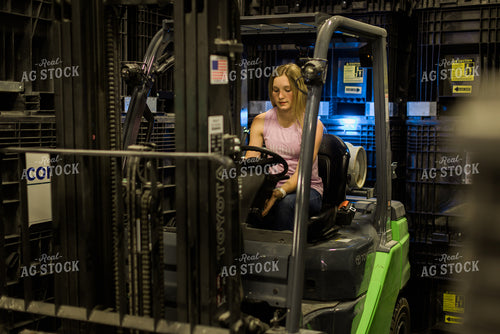 Young Woman Farmer Drives Skid Steer by Bulk Seed Boxes 7486
