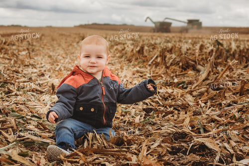Combine Harvesting Corn and Unloading On the Go onto Auger Wagon with Farm Kid 3334